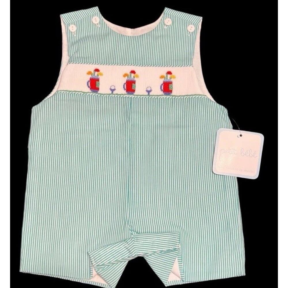 Petit Bebe Hand Smocked Golf Jon Jon Baby Boy Sz 9 Months NEW